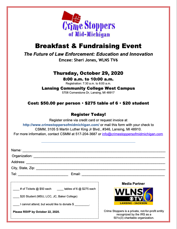 CrimeStoppersMM's tweet photo. In addition to registering online at https://t.co/XGwIAvekOl you can also print out this paper form and mail it in with your check to: 3105 S Martin Luther King Jr Blvd., #346, Lansing, MI 48910. We look forward to seeing you! https://t.co/Q9soVBvC2z