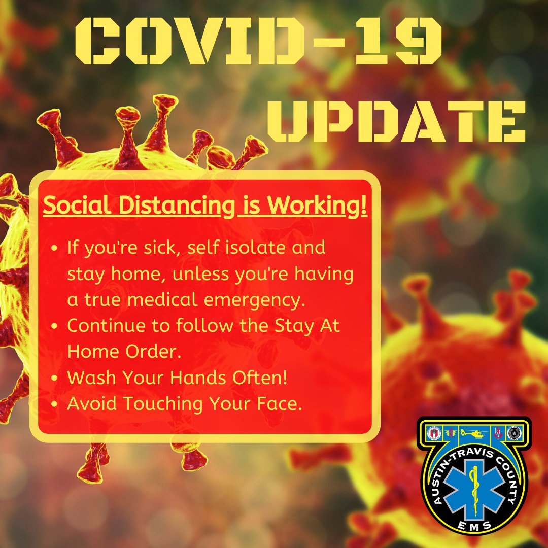 ATCEMS's tweet photo. New projections show that Texas is 1 month away from the peak of COVID-19. Travis Co has 200 cases &amp; 1 death. Nat'l peak is projected for mid-April, and for Texas, early May. Social distancing is working, keep it up! Your #ATCEMSMedics remind you: we work for you, #StayHomeForUs. https://t.co/gITIHuMYuh