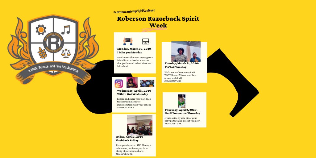 RobersonSpring's tweet image. Razorback Virtual Spirit Week!!!!!
We look forward to seeing all RMS Staff and Scholars participate in the FUN! Be sure to tag us!! #RMSCULTURE #DefinitelyNotAverage