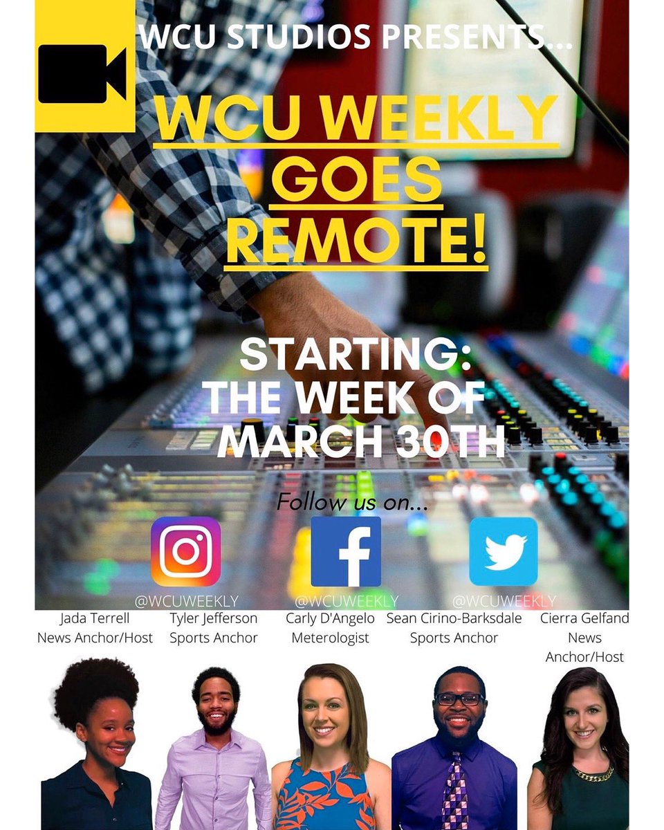 WCUWeekly's tweet photo. We couldn’t leave you hanging Golden Rams! WCU Weekly will now be bringing you news coverage virtually via our social media accounts starting THIS WEEK! Stay tuned to our accounts for the rest of the semester for all your latest news, sports, weather and more!#ramsup🤘 https://t.co/r9wTA1qgJh