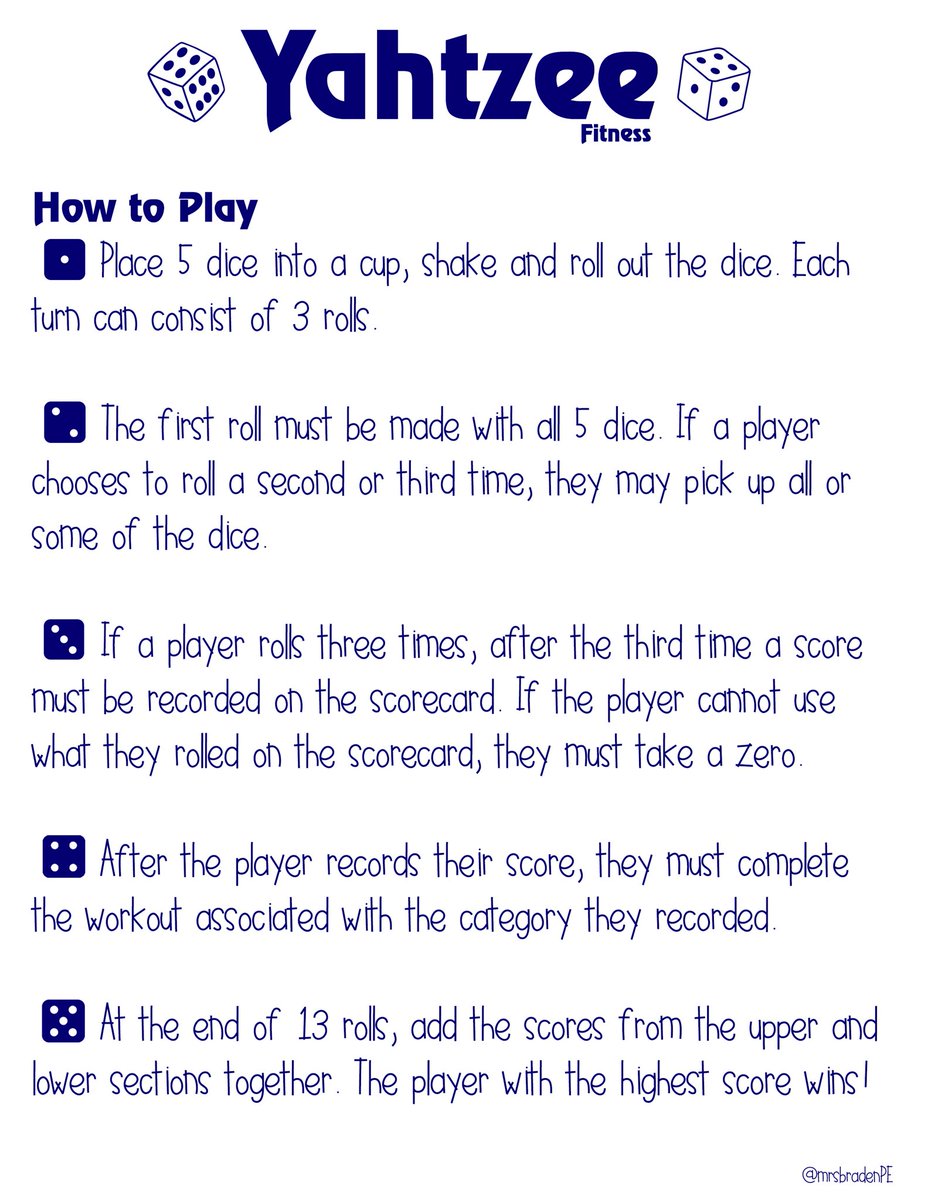 mrsbradenPE's tweet photo. Yahtzee! Fitness Edition! 🎲 Dont have enough dice in your house??? Create your own out of paper! Two fun activities in one! ☺️
.
.
.
#HPEatHome #physed #pe #fitness #boardgame #peteacher #yahtzee https://t.co/AMsJWA2tm9