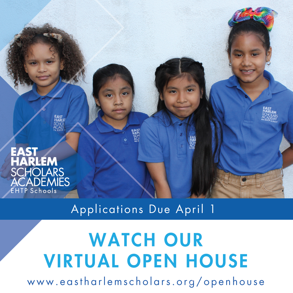 EHTPnyc's tweet image. Applications for East Harlem Scholars Academies are due next week. Please watch our virtual open house and learn more about why our schools are a great choice for your child. LEARN MORE: eastharlemscholars.org/openhouse
#covid19 #virturallearning #nycschools