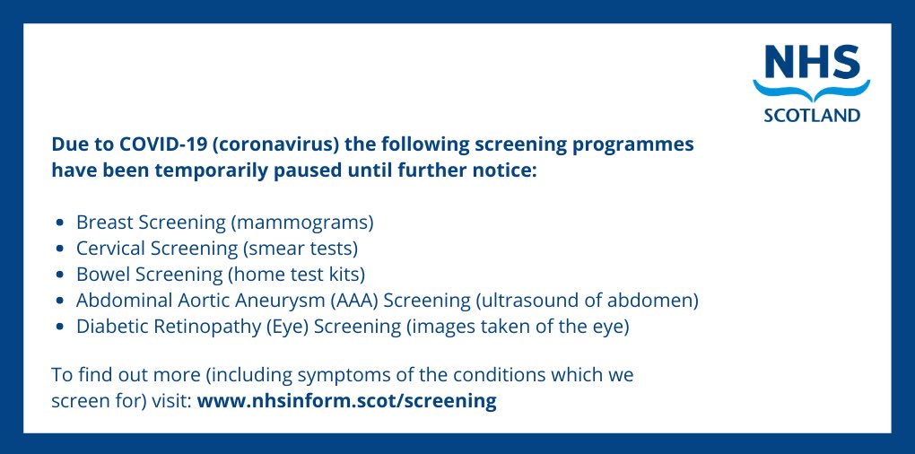 Nhs National Services Scotland On Twitter Due To Covid 19 Coronavirus A Number Of Screening Programmes Have Been Temporarily Paused For More Info Visit Https T Co Cd3qqgggr1 Https T Co Ogoxbj3p1k
