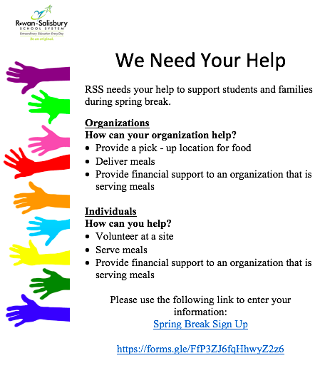 We Need Your Help! 
Please use the following link to enter your information:
Spring Break Sign Up 
forms.gle/FfP3ZJ6fqHhwyZ…