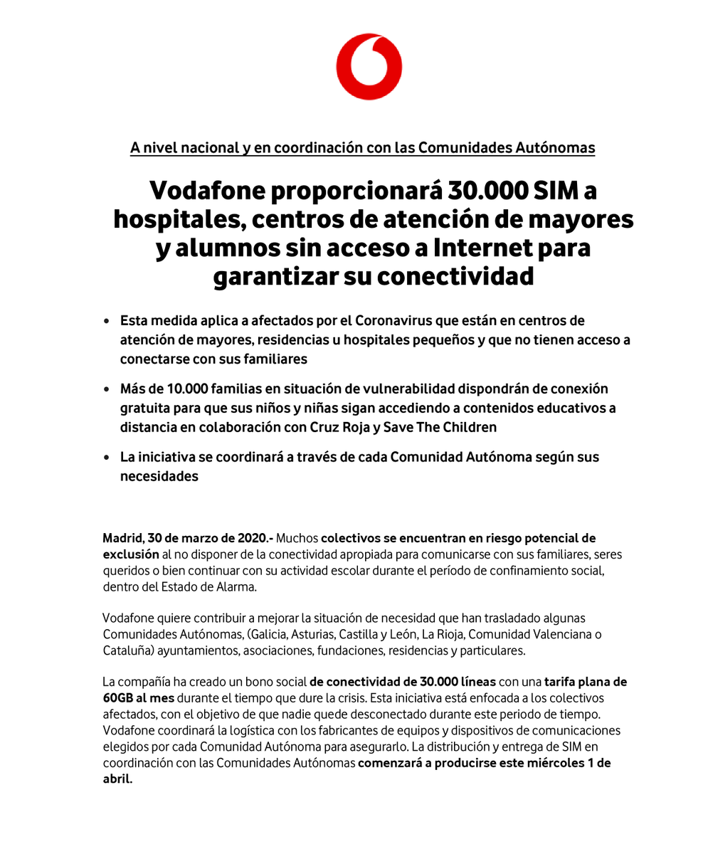 vodafone_es's tweet photo. 🔴 COMUNICADO OFICIAL | Vodafone proporcionará 30.000 SIM a hospitales, centros de atención de mayores y alumnos sin acceso a internet para garantizar su conectividad https://t.co/Nk5tHG8xvE