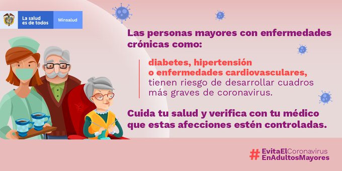 ConsejeriaDDHH's tweet photo. Es muy importante que los adultos mayores obedezcan el aislamiento preventivo obligatorio y no salgan a la calle, pues son la población más vulnerable frente al (COVID-19). Si los protegemos del coronavirus, nos protegemos todos. #EvitaElCoronavirus #YoMeQuedoEnCasa https://t.co/MsiU0P6Fsv