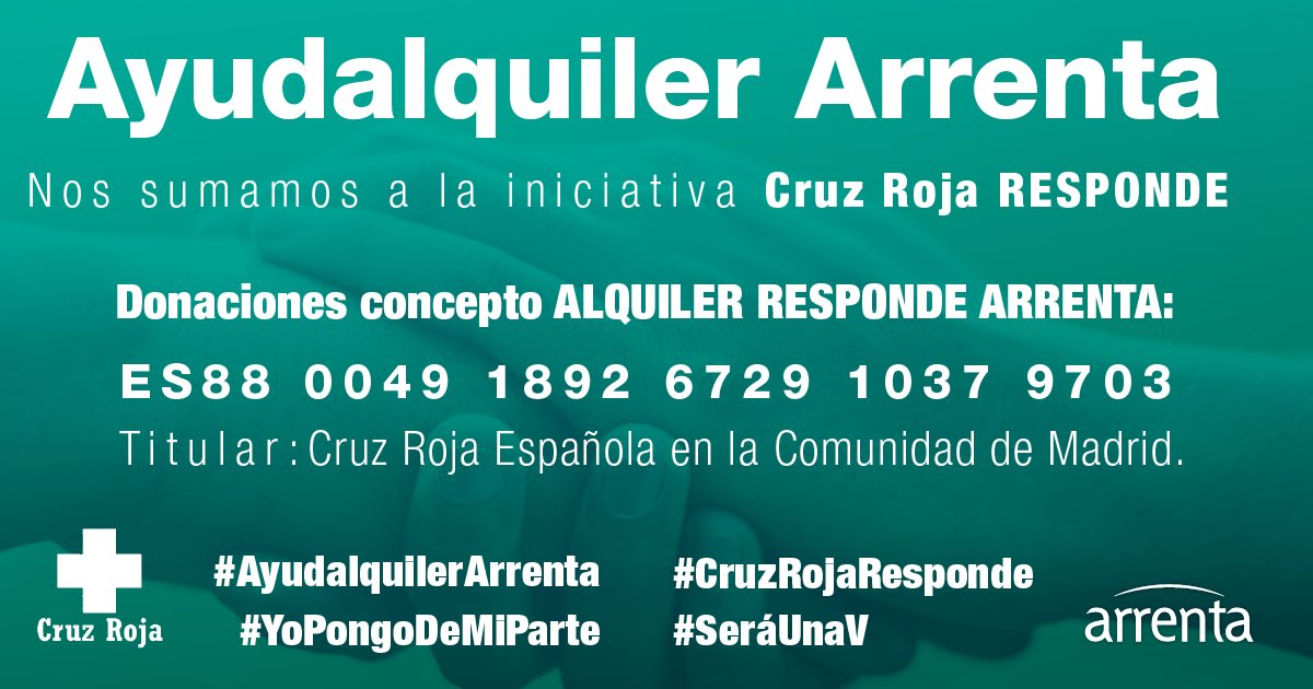 CruzRojaMadrid's tweet photo. Cruz Roja y @arrenta_es se unen para impulsar una bolsa de ayuda al alquiler para dar apoyo a las familias más vulnerables frente al #COVIDー19.
¿Quieres aportar tu granito de arena? ¡Ya puedes donar! 👉 https://t.co/2fz23L2Hfs
#YoPongoDeMiParte
#AyudaAlquilerArrenta https://t.co/WkUBu2OddL