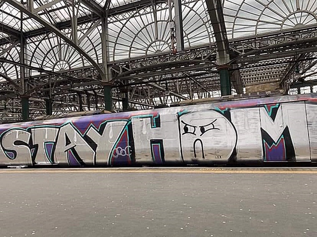 STVNews's tweet photo. A train which was parked overnight at Wemyss Bay station has been graffitied with a message for travellers to stay at home.

The graffitied ScotRail 385 was spotted at Glasgow Central station. https://t.co/ybnj8hhKrP