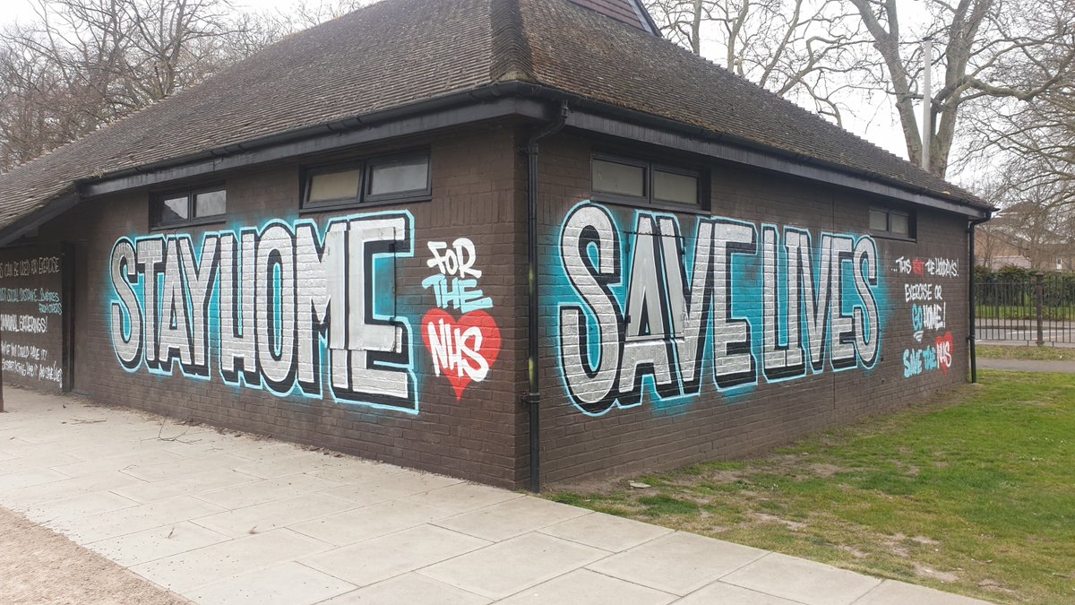 RBKingston's tweet image. A simple, powerful message.

The brilliant work of graffiti artist Skyhigh at Fairfield Recreation Ground. Please everyone, stay indoors and save lives. Let&apos;s protect each other.

#Kingston