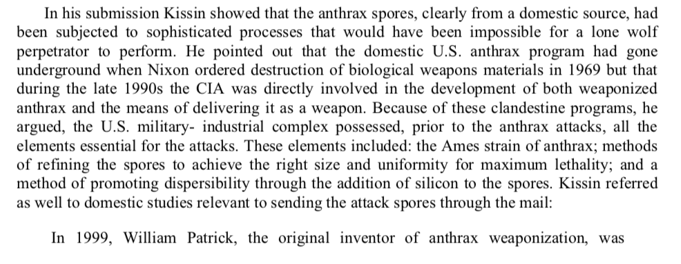 Canadian researcher Graeme MacQueen, in his book "The 2001 Anthrax Deception: The Case for a Domestic Conspiracy" summarized part of a 2010 memo by Frederick, MD attorney Barry Kissin:  http://web.archive.org/web/20100401051405/http://www.fredericknewspost.com/media/pdfs/FortAnthraxRushHolt.pdf(h/t )