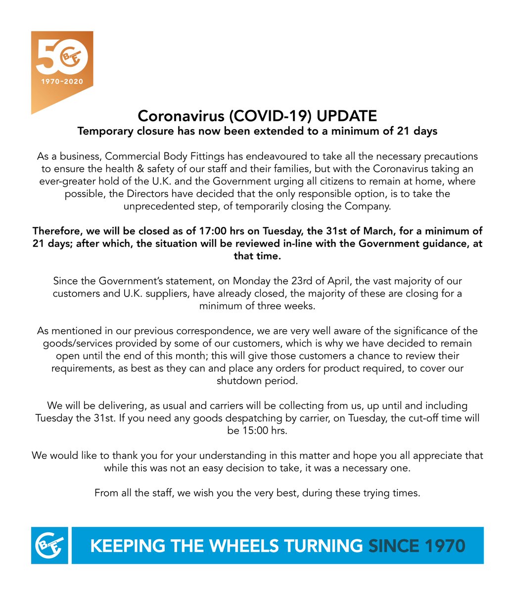 CBFittings's tweet photo. Our temporary closure has been extended to a minimum of 21 days

#StaySafeStayHome https://t.co/znvPyoakWj
