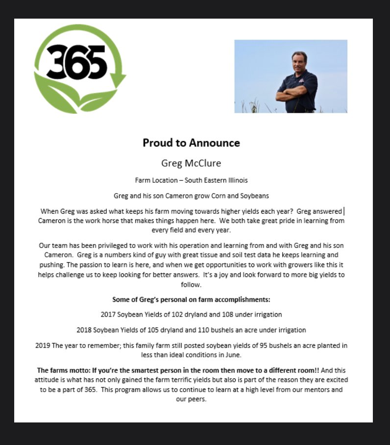 JasonSchley's tweet photo. #365 Yield Leader Team Announcement - We are Excited to track the nutrient status of the soil, and the plant week 2 week. Thanks for allowing us to share your tips with the 365 group.  Follow the success of Greg’s high yield soybeans w/ us in 365 - 2020! https://t.co/p02gND69MY