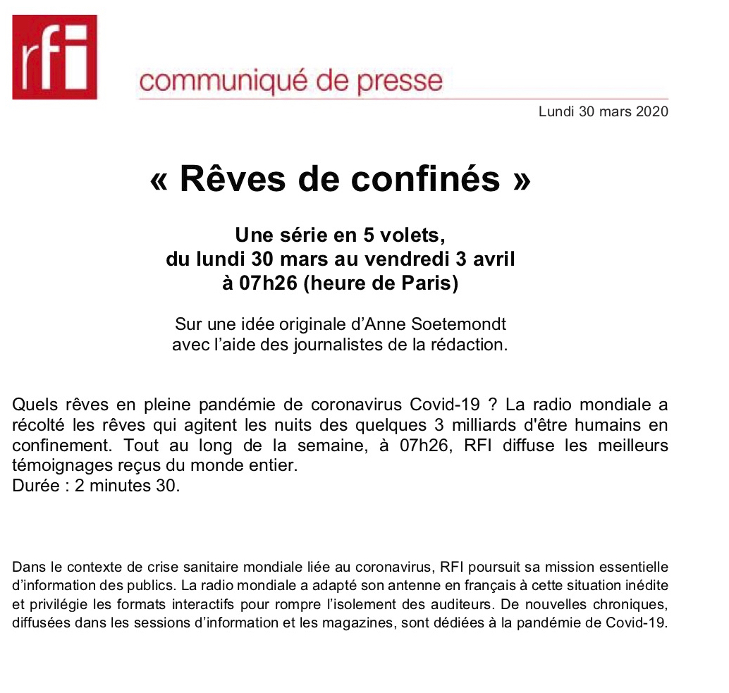 RFI_Presse's tweet photo. 😴😷 "Rêves de confinés" : @RFI propose une série inédite en 5 volets du lundi 30 mars au vendredi 3 avril à 7h26, pour savoir ce qui se cache derrière les nuits des 3 milliards de confinés... https://t.co/WPMAOn7A44