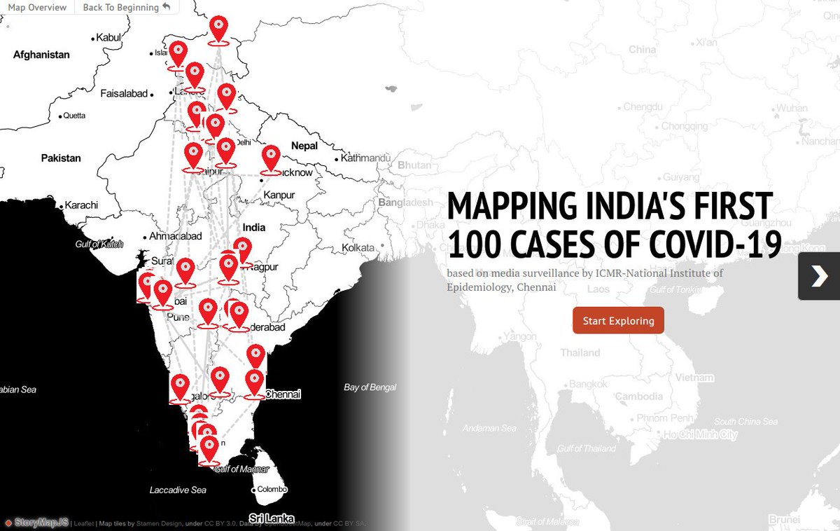 anuragraj_'s tweet image. A StoryMap of the first 100 cases in India by @icmr_nie [ICMR National Institute of Epidemiology, Chennai] on #StoryMapJS (developed by @knightlab). 
Find it here: 
covidindiaupdates.in/story_100cases… 

#COVID19 
#COVID2019india