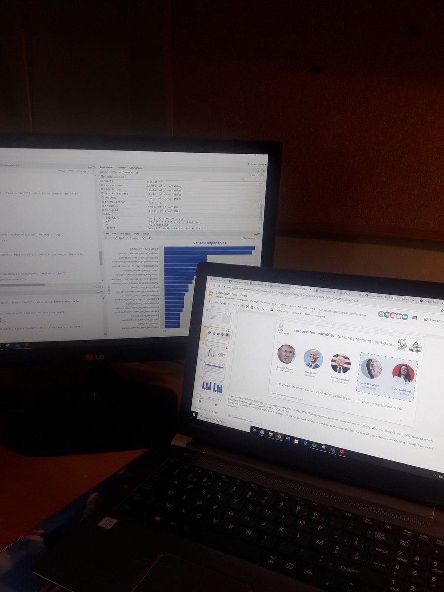 ClercqLiesl's tweet image. Finalizing our group assignment. We tried to predict the influence of the American presidential candidates on the USD/EUR exchange rate. #SMWA2020 #team10 #LOOCV #randomforest @FienMareels @EetveldeFenne @florevictor2 @GertjanHoogewys @lau_van_akelyen  @matthbogaertFEB