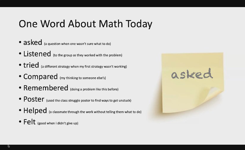 keating_cheryl's tweet photo. Great session #NCSM2020 session with John SanGiovanni on 6 actions for productive struggle. Love the idea of having students choose a word to reflect upon their learning. https://t.co/7AW9vbIP5j