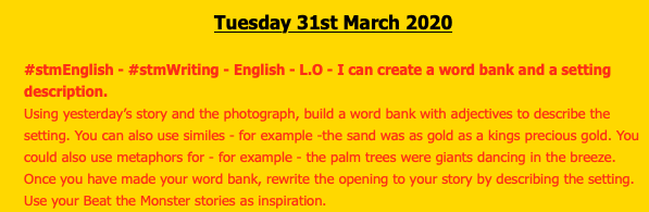 InspirationsStm's tweet photo. Here are tomorrows home learning tasks! Keep going everyone and don't forget to post your work on here so we can celebrate it! #stmWorkAtHome #stmEnglish #stmMaths #stmComputing #stmCoding #stmTime https://t.co/q94nacQPoO