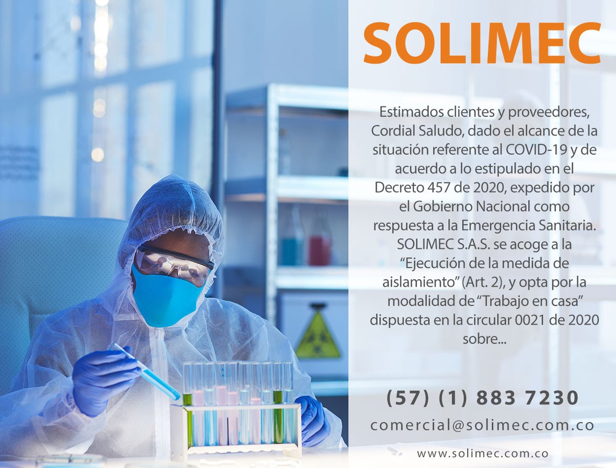 SolimecColombia's tweet photo. Comunicado: Estimados clientes y proveedores, cordial Saludo, dado el alcance de la situación referente al COVID-19 y de acuerdo a lo estipulado en el Decreto 457 de 2020, expedido por el Gobierno Nacional...

Ver el comunicado completo aquí https://t.co/2lGlBXtsoY https://t.co/ztykOeUu4o