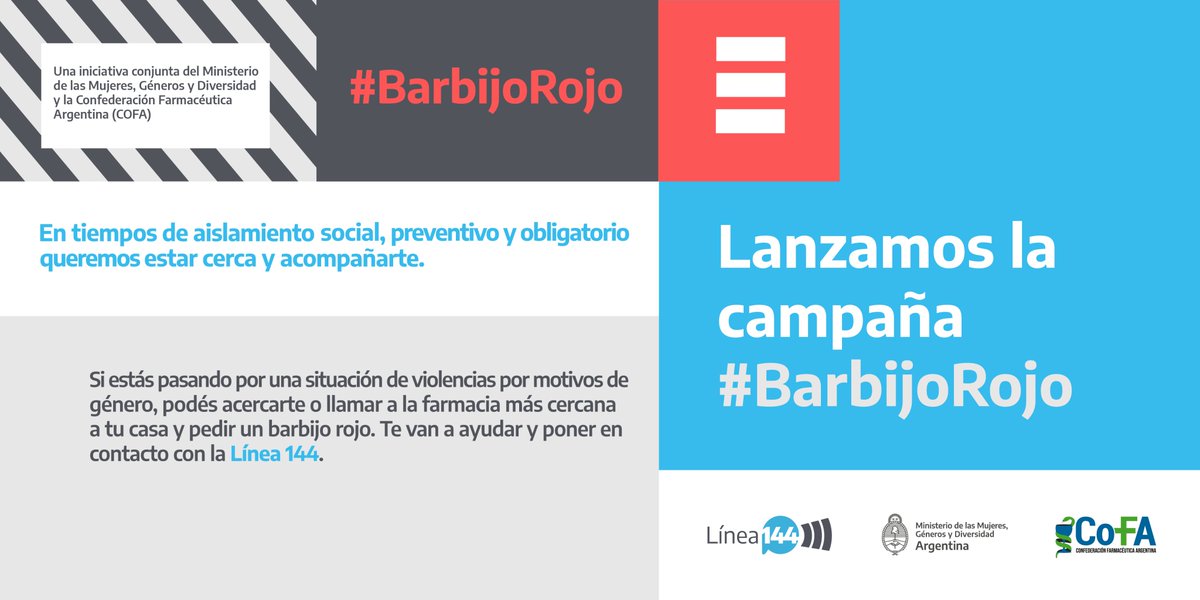 Lanzamos la campaña #BarbijoRojo junto a la <a href="/COFAorgar/">COFA</a> para que en tiempos de aislamiento social, preventivo y obligatorio estemos cerca y podamos brindar una vía más de acompañamiento para las personas en situación de violencias por motivos de género. 

Estamos. #Línea144