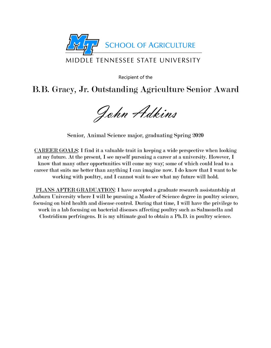 MTSUAg's tweet image. Introducing our 2020 B.B. Gracy, Jr. Outstanding Agriculture Senior Award recipient - John Adkins! Congrats John...very well deserved! 🤝🐓🎉 @MTSUNews @AuburnAg @AUPoultrySci @AuburnU