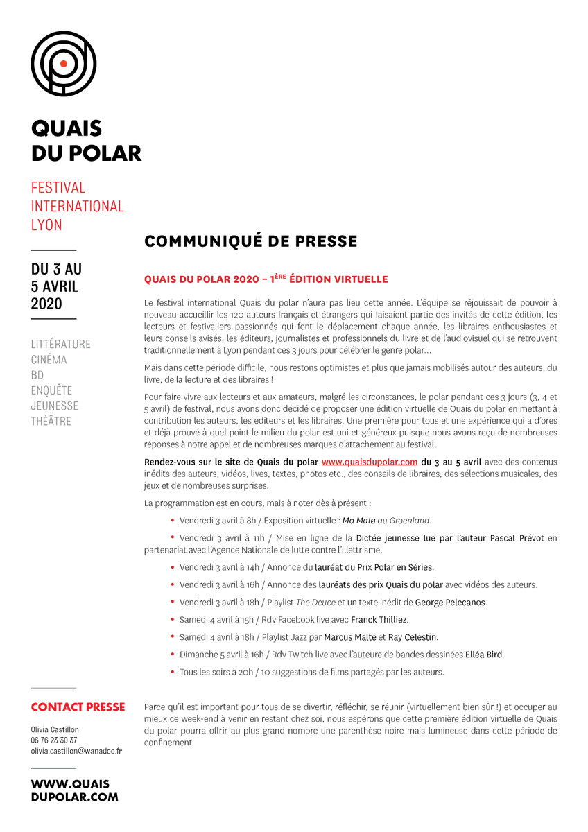 QuaisPolar's tweet photo. [Quais du Polar 2020 - édition virtuelle ❤️]

Malgré la situation, nous avons décidé de vous faire vivre cette année le festival autrement et de proposer une édition virtuelle de Quais du Polar. ✨

Rendez-vous comme prévu du 3 au 5 avril avec des contenus inédits. https://t.co/bo1xbzzZ9x