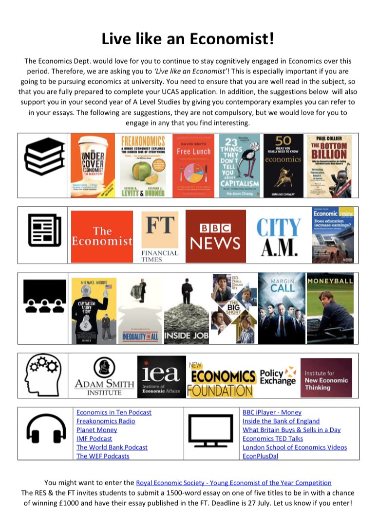 mr_matj's tweet photo. I’ve adapted a document (created by @MrsHumanities) for Econ students at any level to be able to continue to learn and be engaged with the subject whilst at home. 

It includes a range of books, news sources, documentaries, films, think tanks, podcasts and videos to engage with😃 https://t.co/mBGZn6GyO0