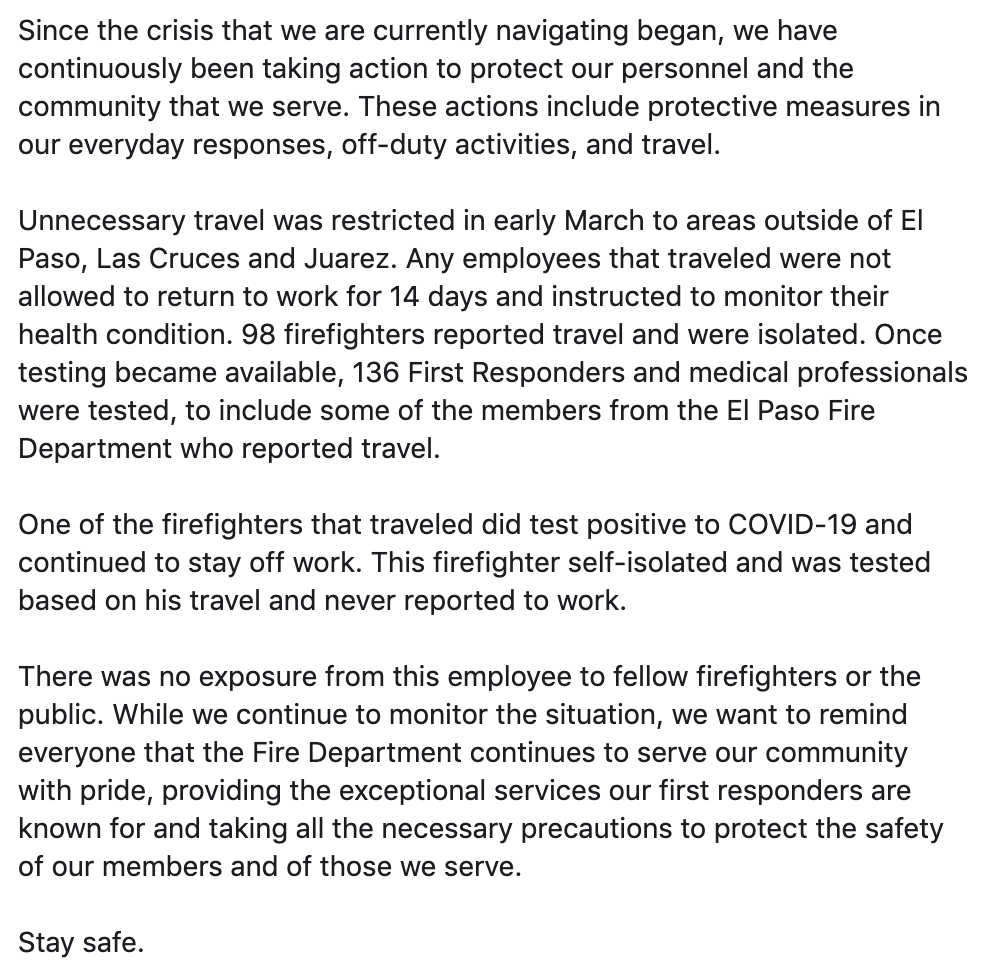 ElPasoFireTX's tweet image. Message from #EPFD Fire Chief D'Agostino on firefighter tested positive for COVID-19.