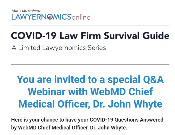 NgageLiveChat's tweet photo. Join us tomorrow, Tuesday, March 31, 2020
1 PM ET, for a live Q&amp;A with Dr. John Whyte, Chief Medical Officer of WebMD. 
Dr. Whyte will assess where we stand and answer your questions during this attorneys-only event.

https://t.co/zDi7ppNwCZ

#workfromhome #law #lawyer #legal https://t.co/N2THQSGjwk