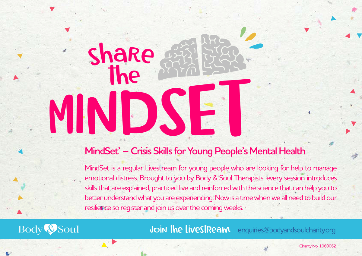 bodysoulcharity's tweet photo. @ACEsCanada2020 We are launching MindSET -a FREE Mental Health Livestream for people aged 16-30. Giving Teens / Young Adults the skills to cope&amp;manage during this crisis. Starting this Weds.1st April, 11.30am GMT
To join us email: enquiries@bodyandsoulcharity.org 
Share &amp; RT 💕 https://t.co/TD3qAGxI7H