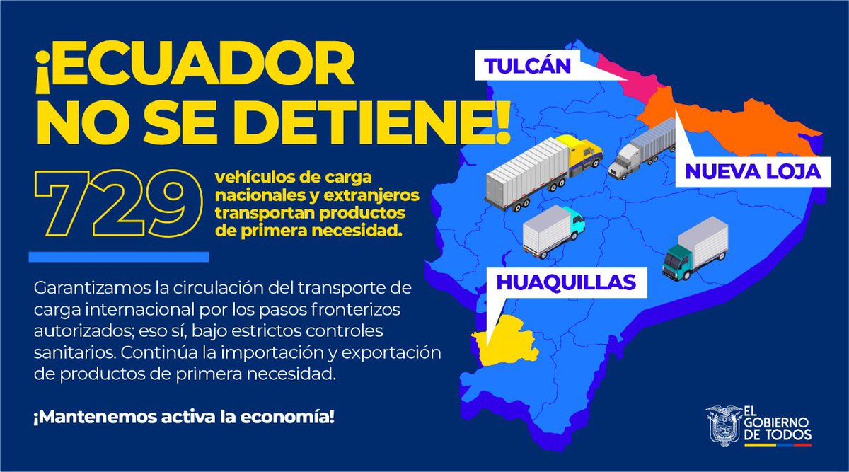 Lenin's tweet photo. ¡Ecuador no se detiene! Garantizamos la circulación del transporte de carga internacional por pasos fronterizos autorizados. Por supuesto, bajo estrictos controles sanitarios. Continúa la importación y exportación de productos de primera necesidad. ¡Mantenemos activa la economía! https://t.co/u2OJMnVyCn