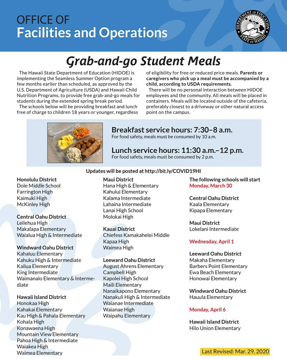 Wednesday April 1... Hau'ula will open as a serving site to provide breakfast and lunch free of charge to children 18 years or younger. Gates open at 7:25 a.m. #earlyseamlesssummer☀️ #covıd19 #hauulasmiles💚🤙 <a href="/HIDOE808/">Hawai‘i Public Schools</a> <a href="/CkcasHo/">Matt Ho</a>