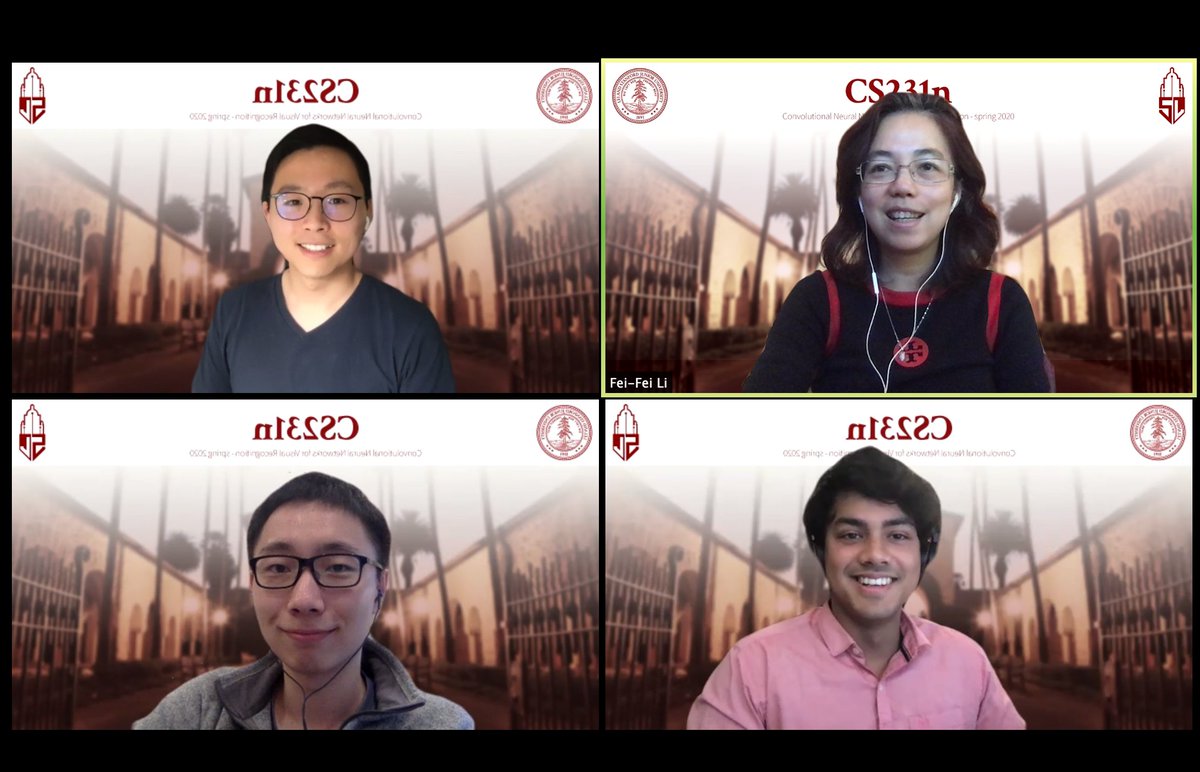 First instructor meeting for the 2020 Spring iteration of CS231n has just wrapped up! This year, we’re excited to be teaching the entirety of the course virtually, starting April 6! Stay tuned cs231n.stanford.edu 

w/ <a href="/drfeifei/">Fei-Fei Li</a> <a href="/danfei_xu/">Danfei Xu</a> <a href="/RanjayKrishna/">Ranjay Krishna</a> william_shen