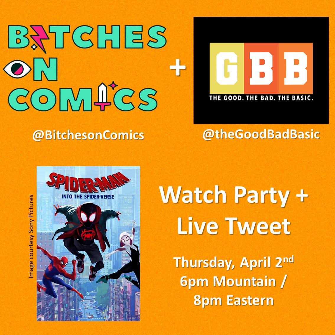 Join us Thursday at 6pm Mountain/8pm Eastern for a  #livetweet and  #watchparty with  @thegoodbadbasic We'll be streaming Into the Spider-Verse! Start finding gifs, stretch those fingers, and we'll see you soon!