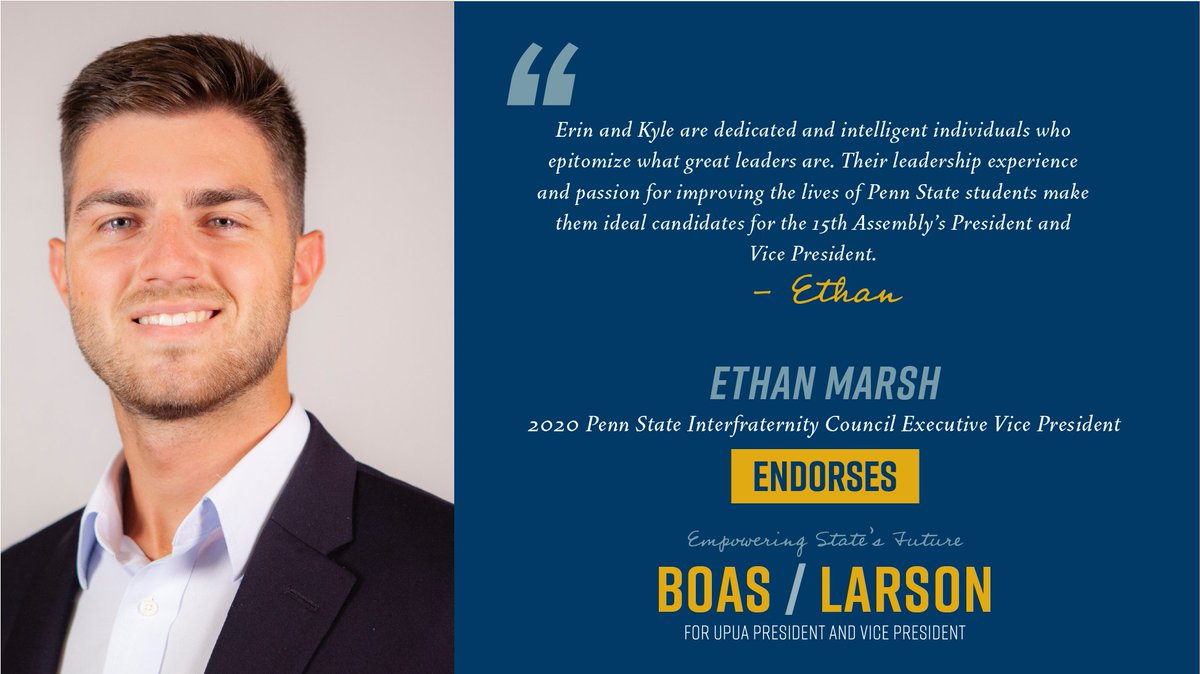 VoteBoasLarson's tweet photo. Endorsement Announcement!
Happy to announce, Ethan Marsh's endorsement for the Boas-Larson ticket! Ethan serves as the 2020 Penn State Interfraternity Council Executive Vice President. Thank you, Ethan! https://t.co/CJanhge95q