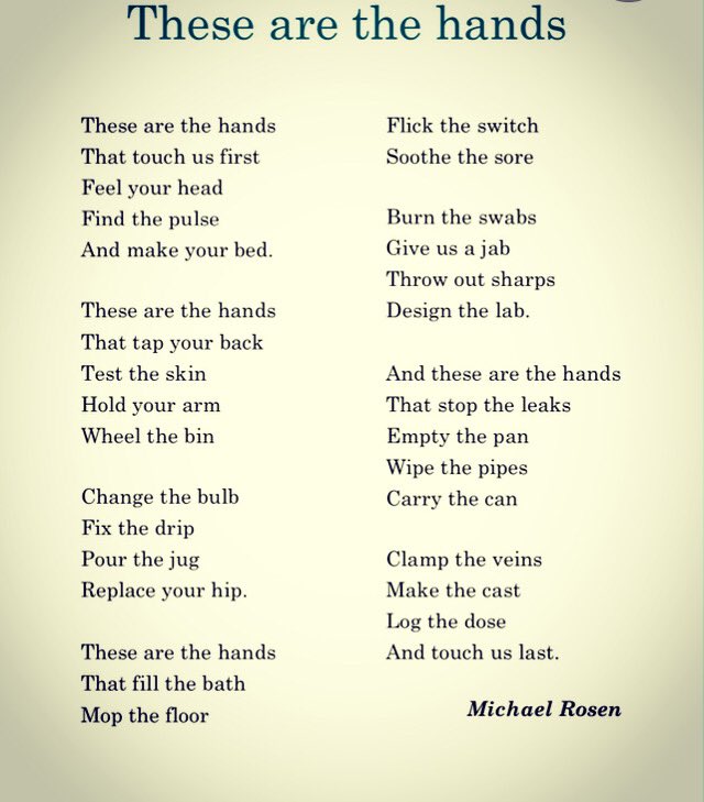 jo_hh2's tweet image. A poem by Michael Rosen, written in 2008 for the National Health Service workers. Beautiful. Wishing him a speedy recovery. @HamillHimself