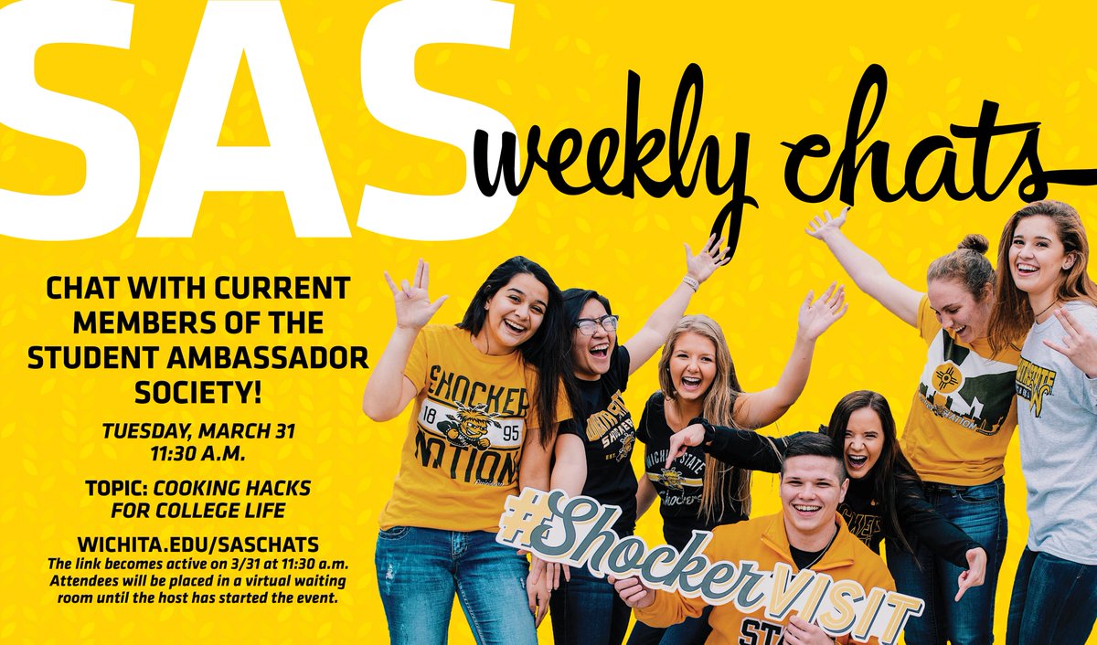 Our Student Ambassadors (@ShockerExp) are joining our virtual event offerings with weekly tips &amp; tricks for future college students. First up, they've got some wicked cooking hacks for students living in the dorms. Join them at 11:30 a.m. (CST) on Tue., March 3⃣1⃣!