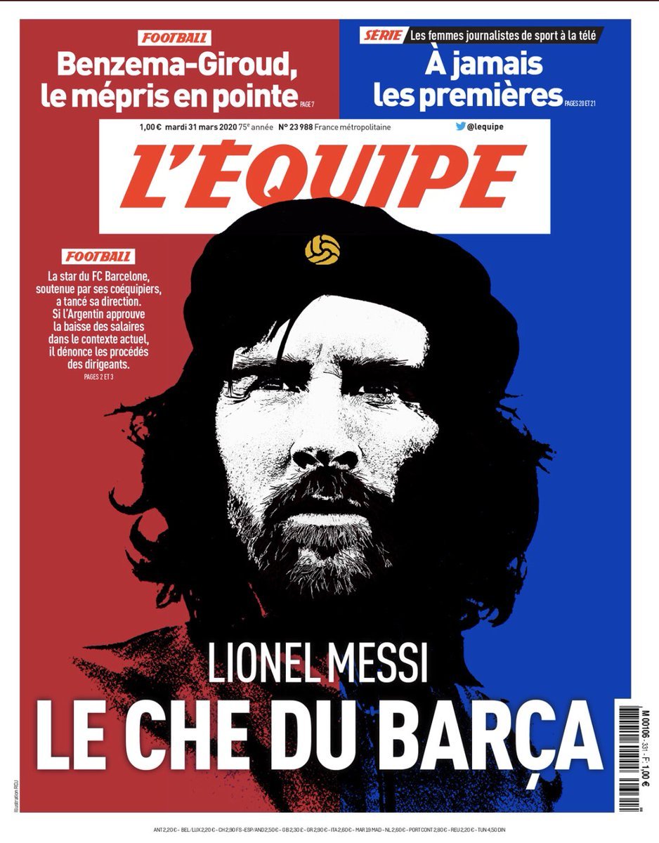 tribundergi's tweet photo. Barcelona'da Messi önderliğindeki maaş kesintisi sonrası 31 Mart tarihli L'Equipe'in kapağı: "Lionel Messi: Barcelona'nın Che'si" https://t.co/oQkWHbt9qF