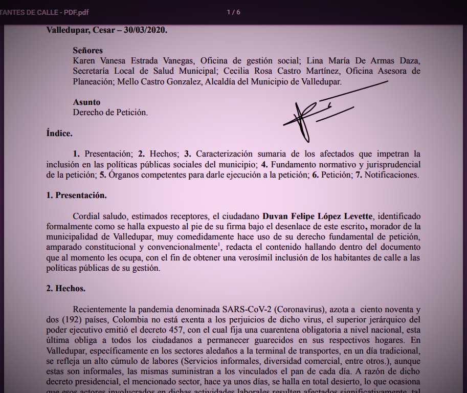 DuvanFL7's tweet image. Con circunspección exhorto a @PersoneriaVpar para que vele por el óptimo desarrollo de la petición que hoy formalmente impetré a la alcaldía, esta población vulnerable lleva varios días sin comer debido a la cuarentena #CoronavirusColombia #CoronavirusEnColombia #Covid19Colombia
