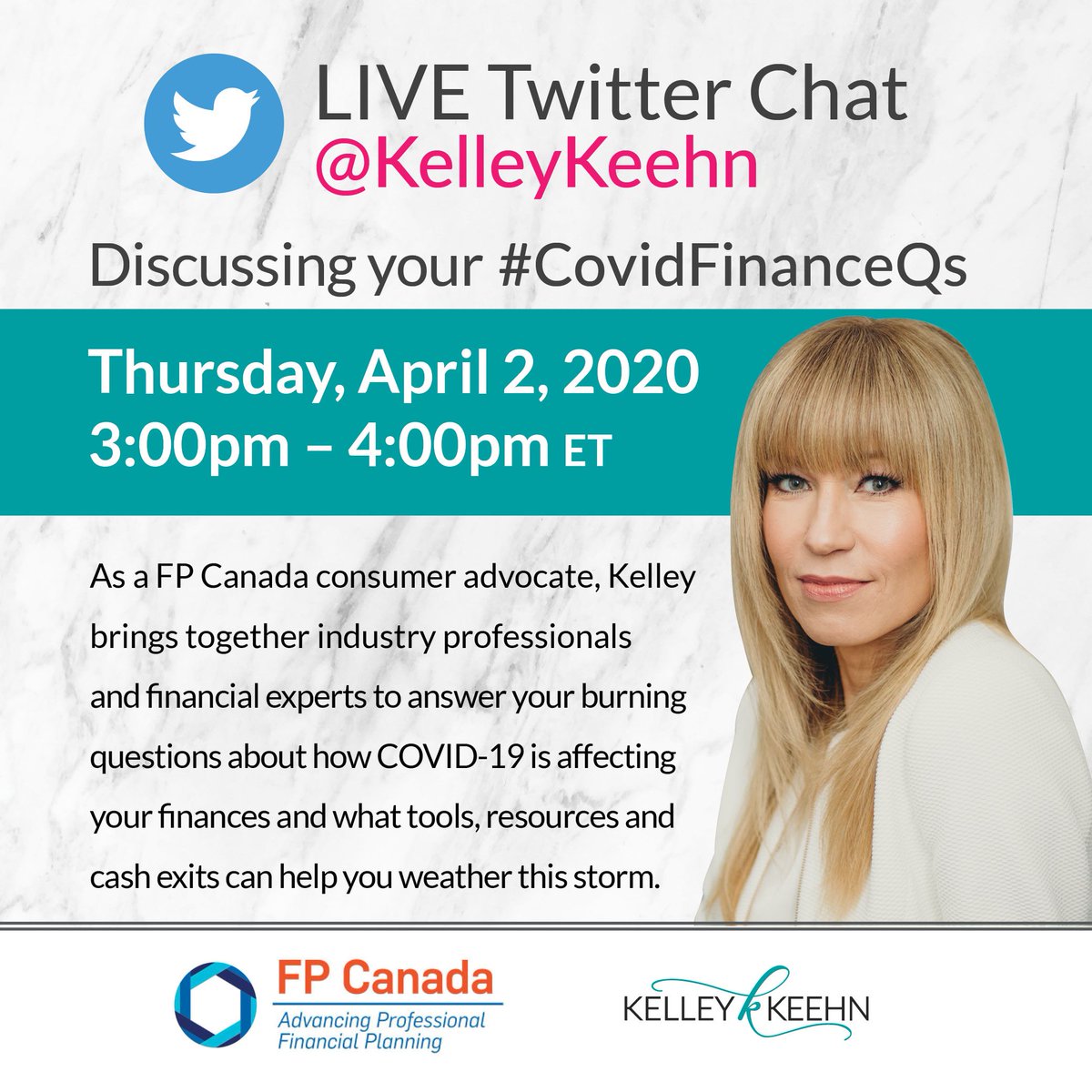KelleyKeehn's tweet photo. I'm ready to answer your #CovidFinanceQs. Tune-in on Thursday and let's talk about financial best practices in the time of Covid-19! #personalfinance @OfficialFPCan https://t.co/8OgV1C73U1