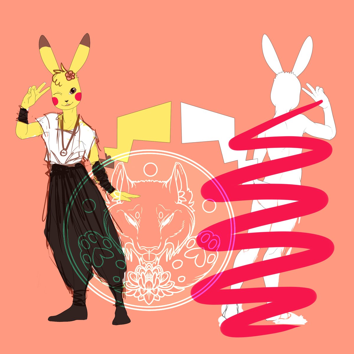 Missrars's tweet photo. Doodling that Pikachu suit+ugh.. the back view is terrifying so yeah.. 

Tyring to formulate a character for it and was thinking some for of relaxed street fashion gig+ofc flower

#pdfbase #fursuitwip #pokesuit #furryfandom #fursuitforsale #mask #cosplay #bunny #pikachu https://t.co/dkJgl6PtxB