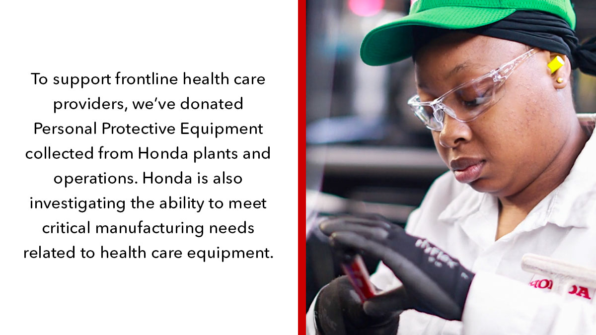 Honda's tweet photo. We donated PPE to health care providers and are investigating the potential to use our manufacturing know-how to produce medical equipment to help those battling COVID-19. https://t.co/AnV2CA5Dve