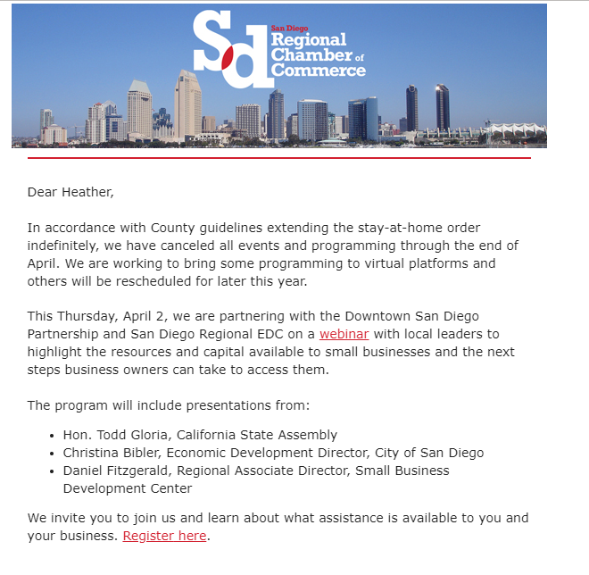 This Thursday, we are joining local legislative leaders in hosting a webinar. The program will discuss and highlight important resources and positive steps for businesses. Register now! - mailchi.mp/sdchamber.org/…