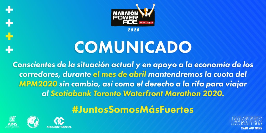 Maratonmty's tweet photo. En el #MPM somos conscientes de la situación actual que estamos atravesando debido a la propagación del COVID-19, por ello, el comité organizador informa que en apoyo a la economía de los corredores durante el mes de Abril 📆 mantendremos la cuota de inscripción sin cambio. https://t.co/RehzXipheD