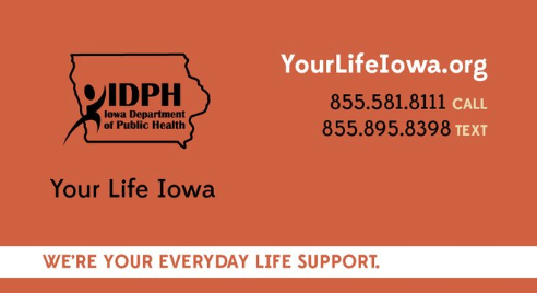 CGPublicHealth's tweet image. COVID-19 is stressful for everyone. If you need someone to talk to or to text with, reach out to Your Life Iowa. They are here to help during this difficult time.