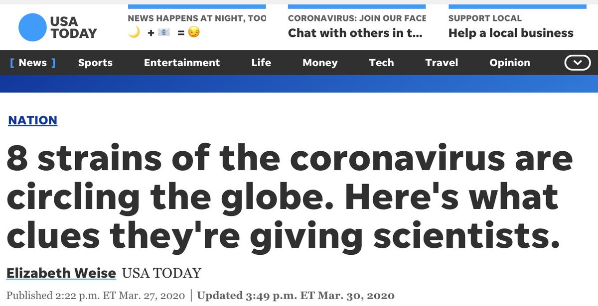 This article by  @USATODAY misleadingly states that there are "8 strains of coronavirus" circulating. Because of this our  @nextstrain inbox is today full of questions like "if you get one strain of Covid-19 and recover, do you have immunity to the other seven?". 1/13
