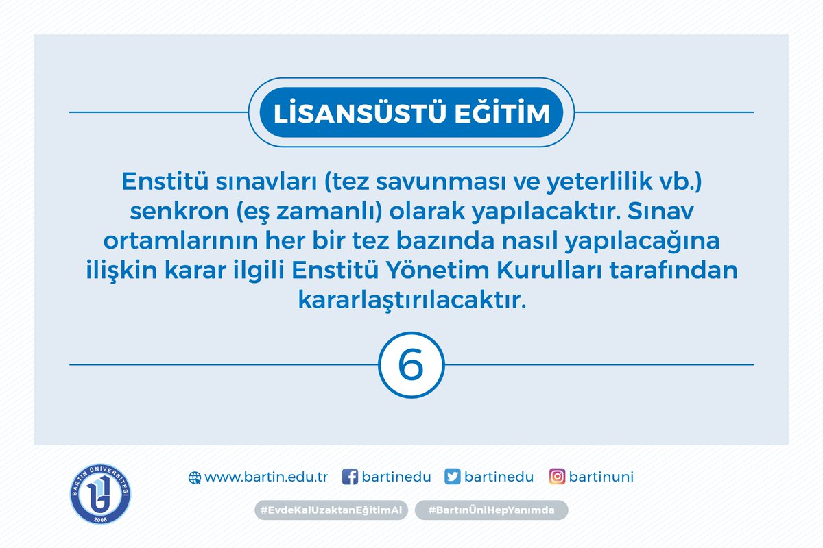 Günlerdir uykularınızı kaçıran sorulara bir açıklama getirmekten mutluluk duyuyoruz. Akademik takvimden sınavlara kadar her şey tam olarak burada.

⬇️⬇️⬇️⬇️⬇️⬇️⬇️⬇️ 
Bölüm 2⃣

#EvdeKal #EvdeKalUzaktanEğitimAl #BartınÜniHepYanımda #BirlikteBaşarıyoruz