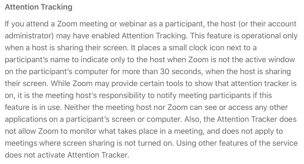 If you're on a Zoom call where the presenter is sharing their screen, Zoom with snitch on you if you dare interact with another app on your computer while that's going on. They call this "Attention Tracking". JFC.