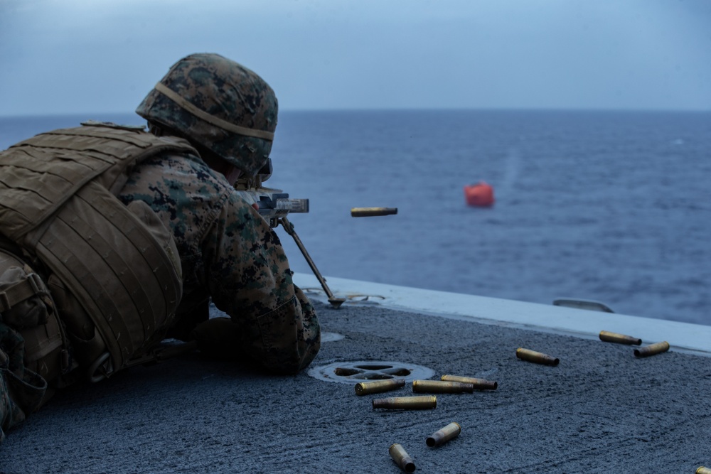 USPACOM's tweet photo. U.S. @PacificMarines with @31stMEU Battalion Landing Team fires a Barrett M107 #50CAL rifle during a defense of the amphibious task force exercise #DATF aboard @USPacificFleet amphibious assault ship USS America #LHA6. #SemperFi #ForgedByTheSea. https://t.co/qCjkiFfMGm