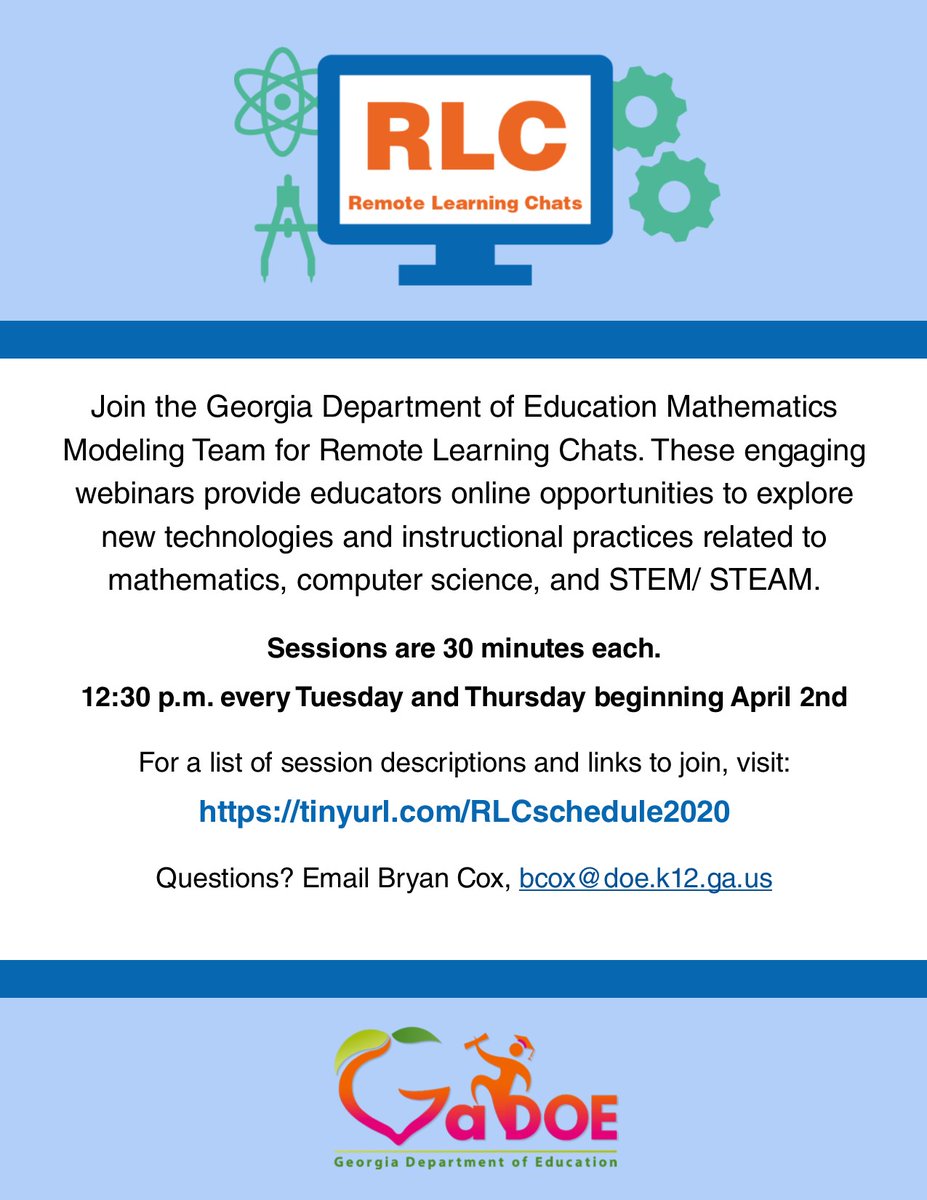 Exciting announcement! Join Georgia Department of Education STEM/ STEAM, Mathematics, and Computer Science teams for Remote Learning Chats beginning April 2nd!

gadoe.org/Curriculum-Ins…