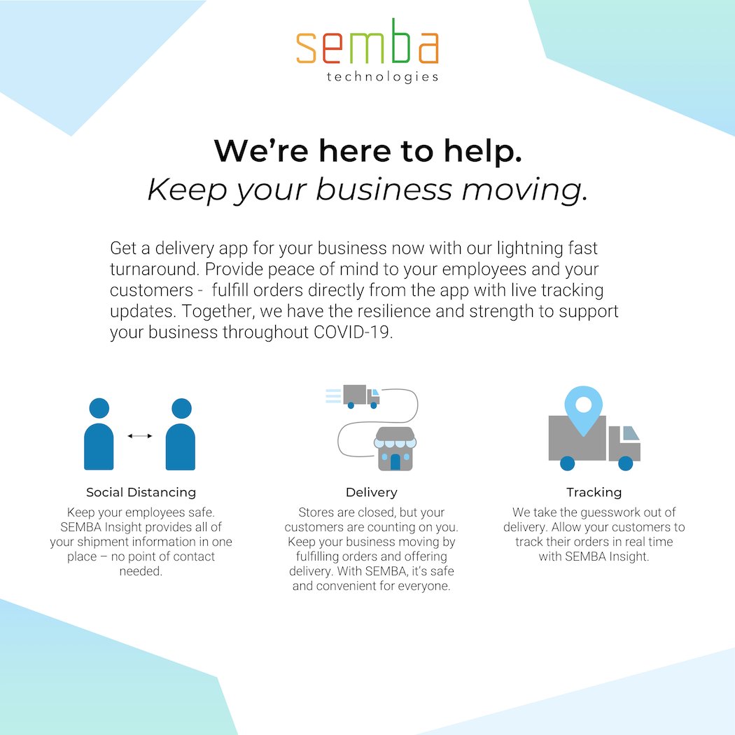 sembatechnology's tweet image. SEMBA is committed to supporting our customers and community during this unprecedented time. We’re ready to help. 
sembatechnologies.com

#covid19  #socialdistancing #contactless #sembatechnologies #b2b #b2c #ecommerce #retailtech #delivery #deliveryapp  #retailtech